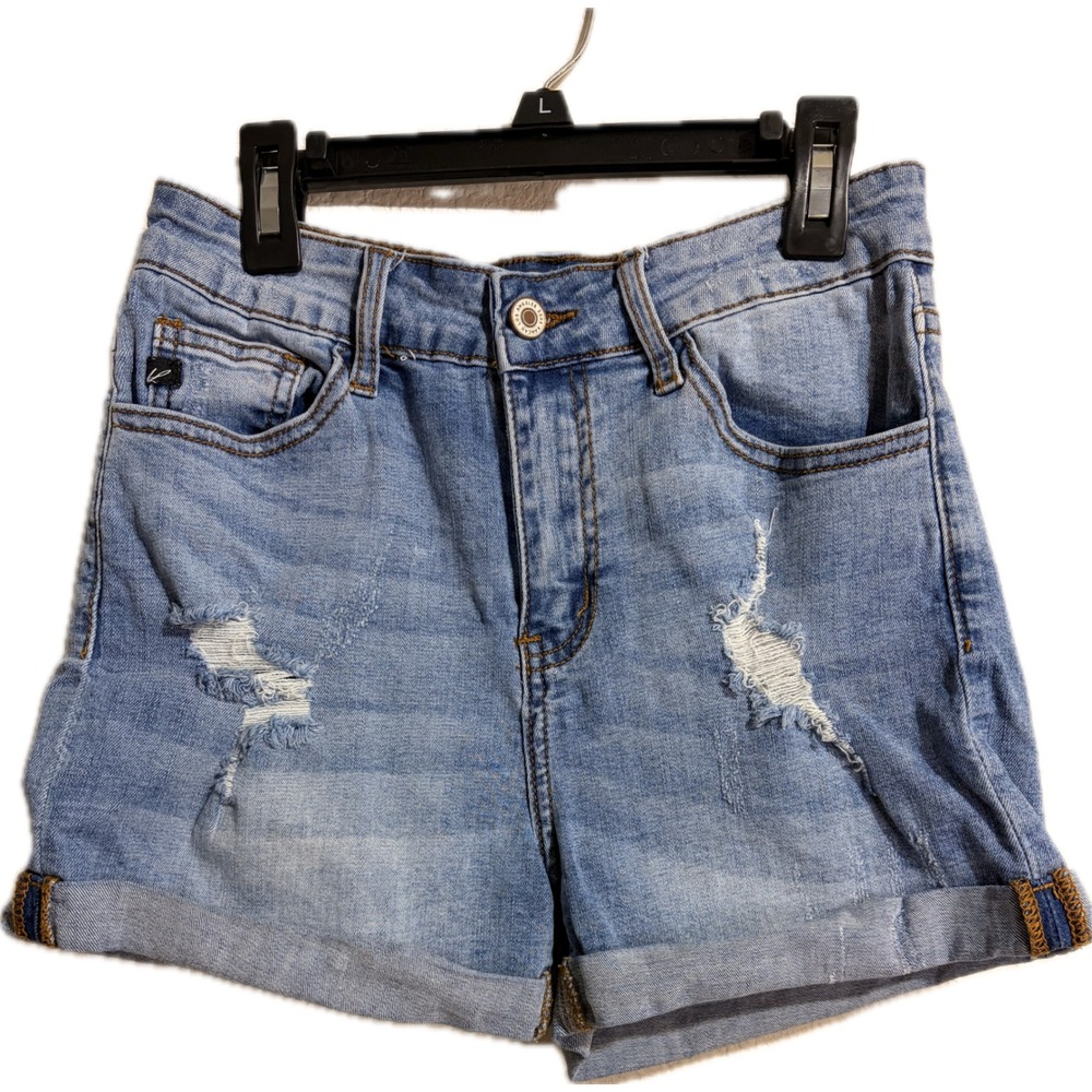 KanCan Women Light Wash Distressed High Rise Cuffed Denim Shorts 27